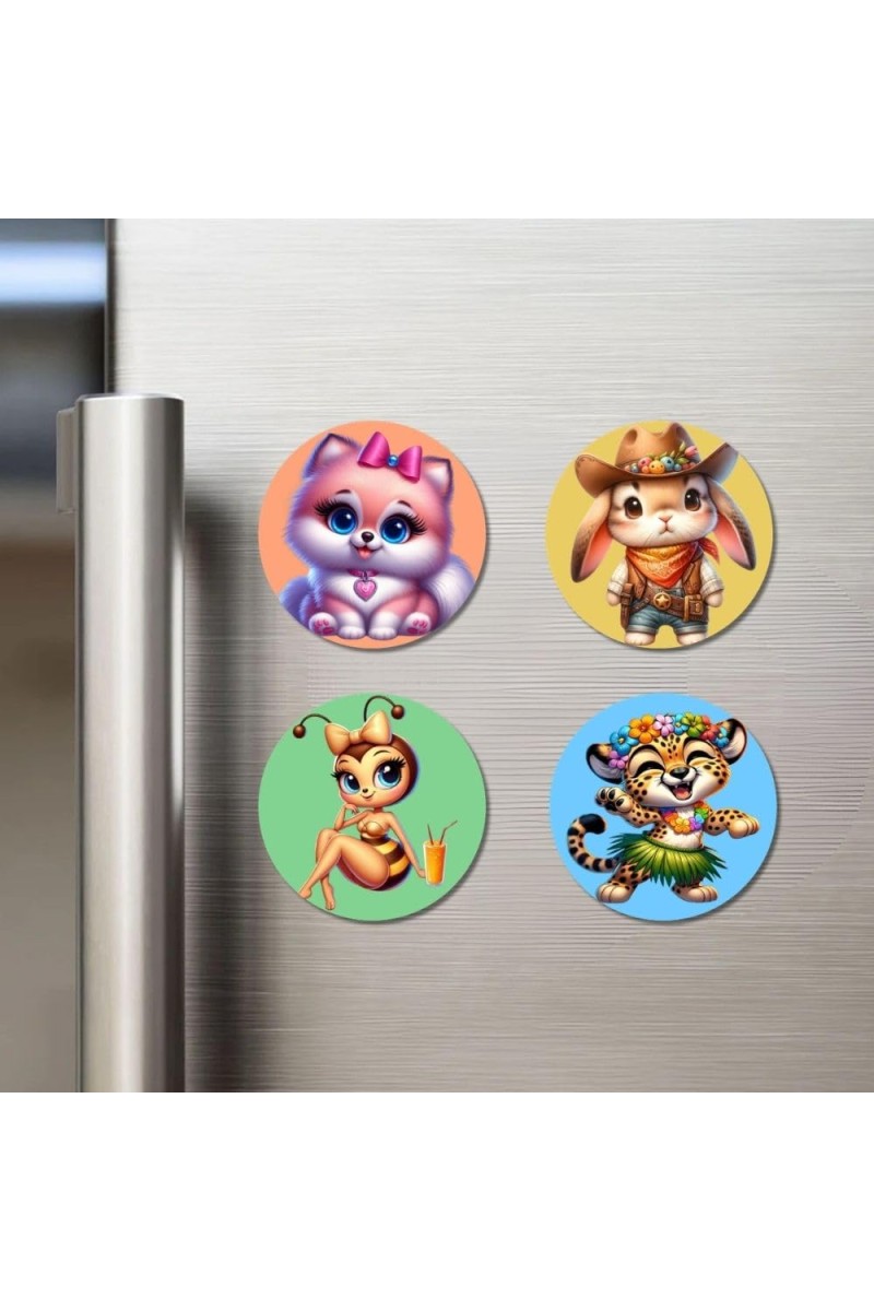 Cat, Rabbit, Bee, and Cheetah. Fridge Magnets 4 Piece Set | 3 Inch Round Wall Fridge Decor (F22962)