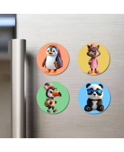 Penguin, Wolf, Toucan, and Panda. Fridge Magnets 4 Piece Set | 3 Inch Round Wall Fridge Decor (F23026)
