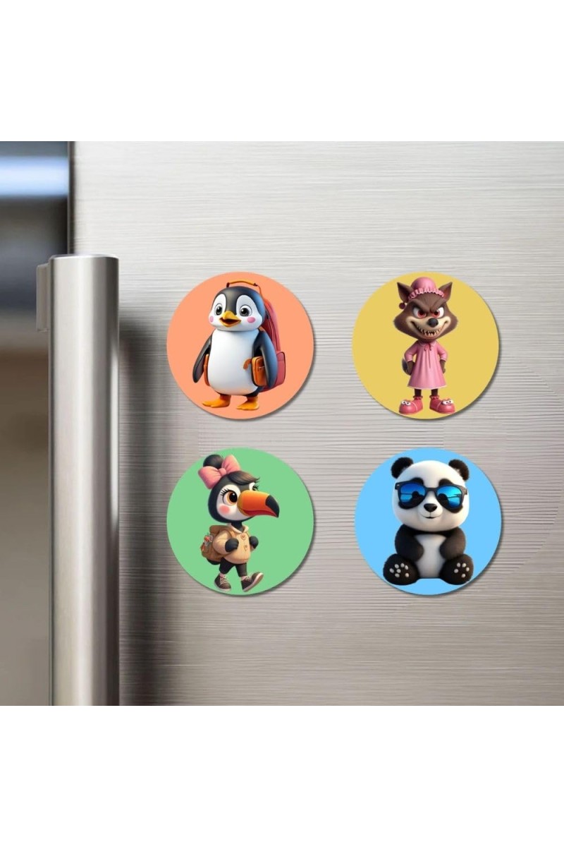 Penguin, Wolf, Toucan, and Panda. Fridge Magnets 4 Piece Set | 3 Inch Round Wall Fridge Decor (F23026)