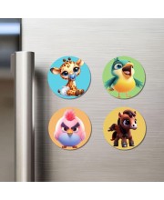 Giraffe, Parrot, Chick, and Horse. Fridge Magnets 4 Piece Set | 3 Inch Round Wall Fridge Decor (F22904)