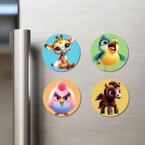 Giraffe, Parrot, Chick, and Horse. Fridge Magnets 4 Piece Set | 3 Inch Round Wall Fridge Decor (F22904)