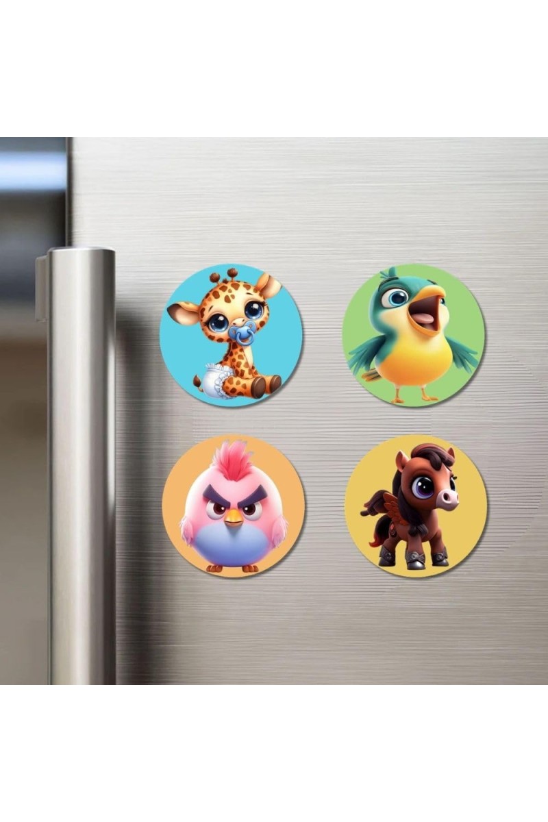 Giraffe, Parrot, Chick, and Horse. Fridge Magnets 4 Piece Set | 3 Inch Round Wall Fridge Decor (F22904)