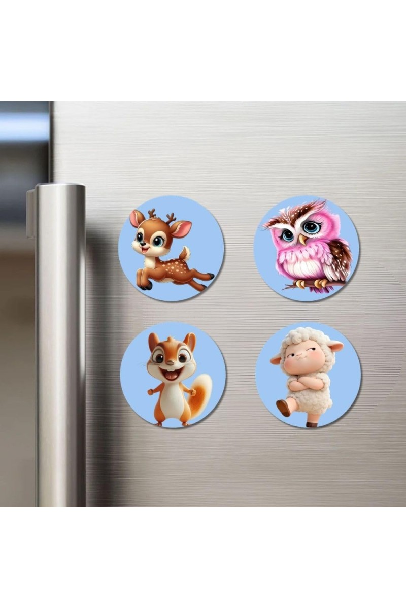 Deer, Owl, Squirrel, and Sheep. Fridge Magnets 4 Piece Set | 3 Inch Round Wall Fridge Decor (F23101)