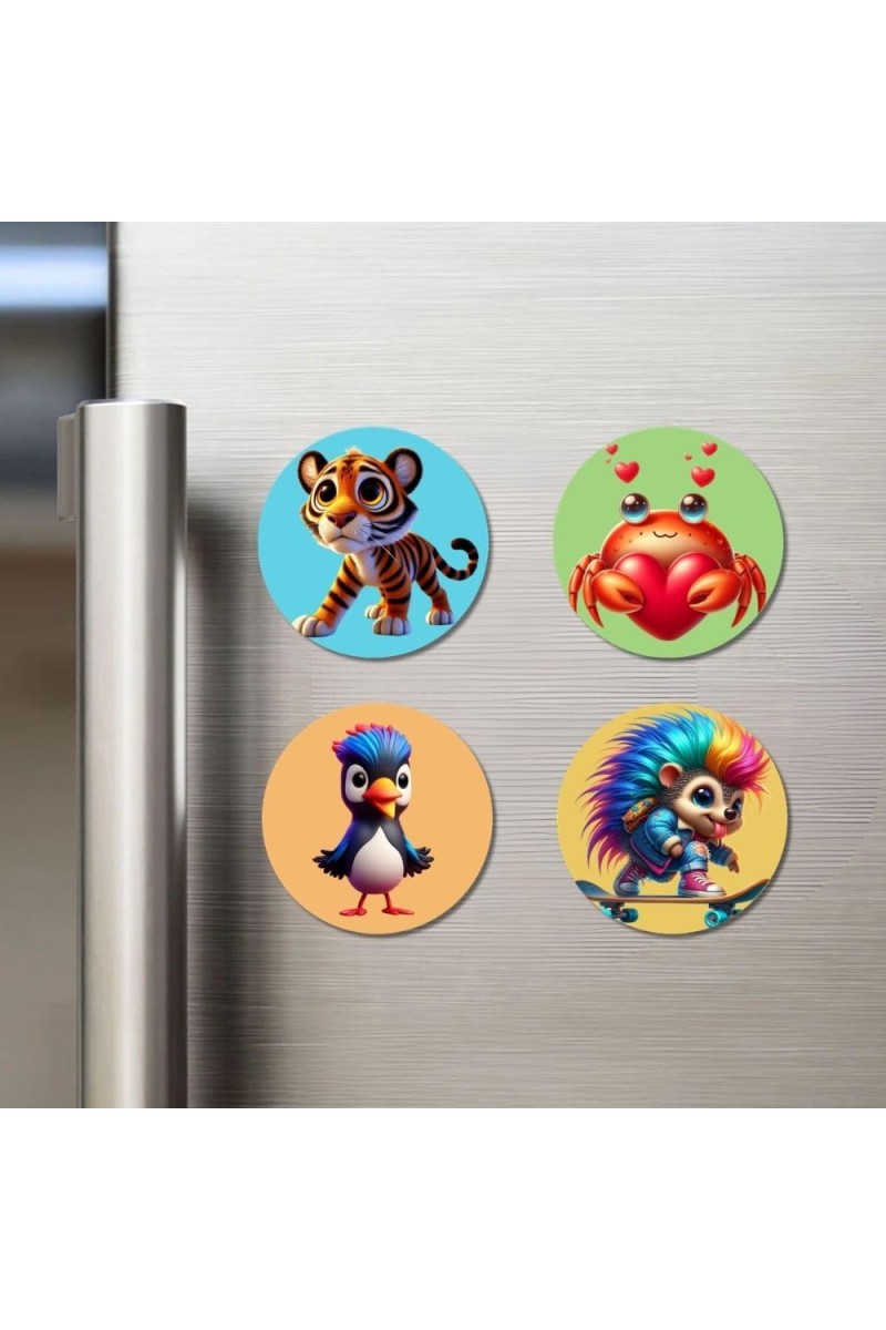 Tiger, Crab, Penguin, and Hedgehog. Fridge Magnets 4 Piece Set | 3 Inch Round Wall Fridge Decor (F22930)