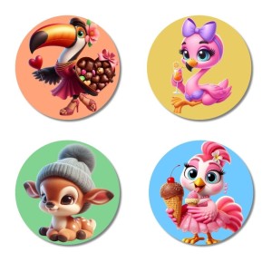 Flamingo, Toucan, Parrot, and Horse. Fridge Magnets 4 Piece Set | 3 Inch Round Wall Fridge Decor (F23030)