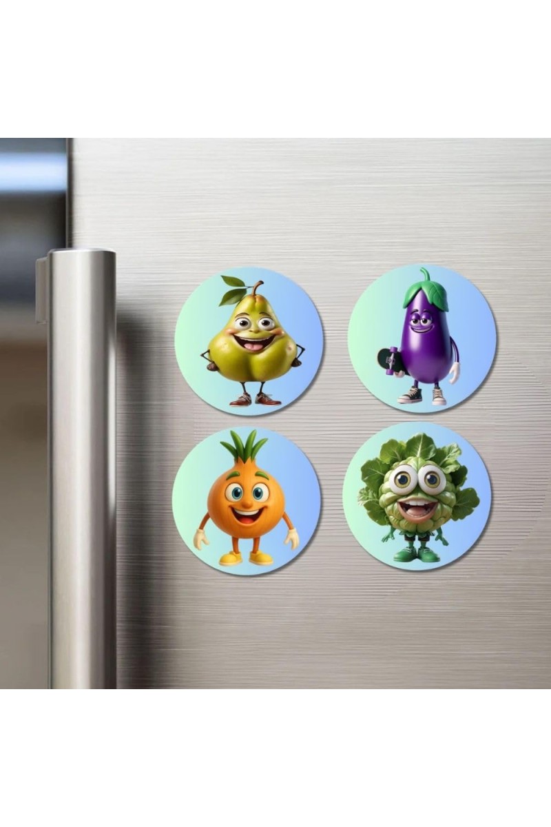 Beetroot, Pear, Radish, Mint Fridge Magnets 4 Piece Set | 3 Inch Round Wall Fridge Decor (F23333)