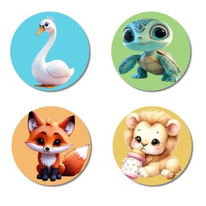 Swan, Turtle, Fox, and Lion. Fridge Magnets 4 Piece Set | 3 Inch Round Wall Fridge Decor (F22902) Swan, Turtle, Fox, and Lion. Fridge Magnets 4 Piece Set | 3 Inch Round Wall Fridge Decor (F22902)