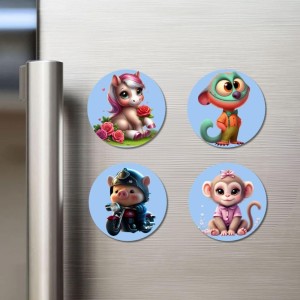 Unicorn, Monkey, Pig, and Monkey. Fridge Magnets 4 Piece Set | 3 Inch Round Wall Fridge Decor (F23136)