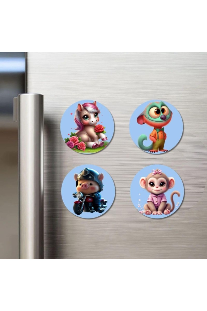 Unicorn, Monkey, Pig, and Monkey. Fridge Magnets 4 Piece Set | 3 Inch Round Wall Fridge Decor (F23136)