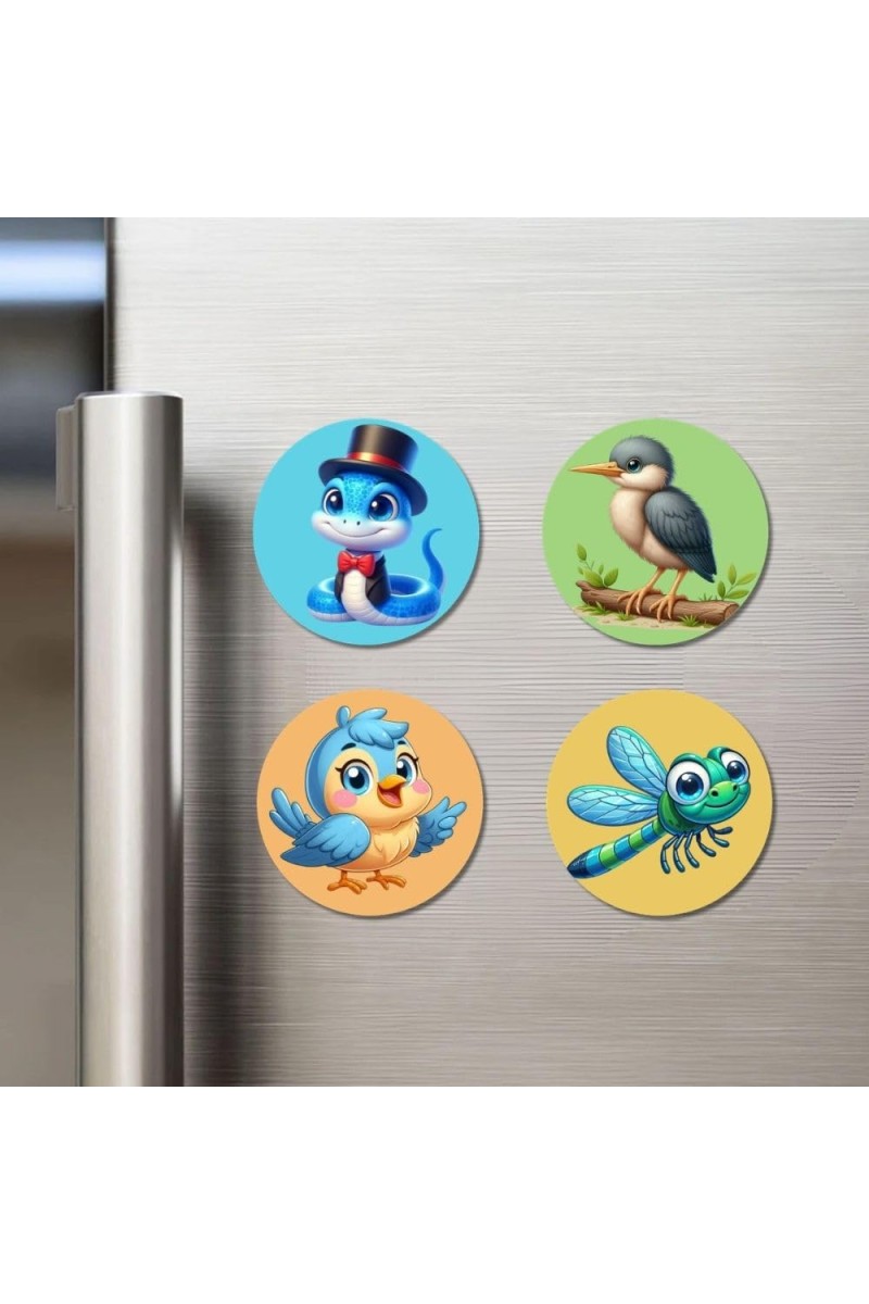 Snake, Kingfisher, Blue Jay, and Dragonfly. Fridge Magnets 4 Piece Set | 3 Inch Round Wall Fridge Decor (F22923)
