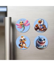 Dragonfly, Eagle, Duck, and Shark. Fridge Magnets 4 Piece Set | 3 Inch Round Wall Fridge Decor (F23084)
