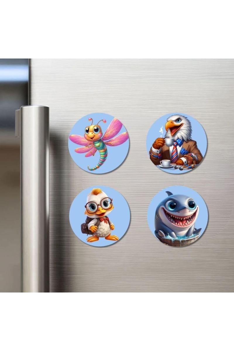 Dragonfly, Eagle, Duck, and Shark. Fridge Magnets 4 Piece Set | 3 Inch Round Wall Fridge Decor (F23084)