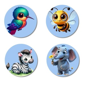 Hummingbird, Bee, Zebra, and Elephant. Fridge Magnets 4 Piece Set | 3 Inch Round Wall Fridge Decor (F23053)