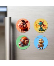 Wild Boar, Dragon, Snail, and Bee. Fridge Magnets 4 Piece Set | 3 Inch Round Wall Fridge Decor (F22958)