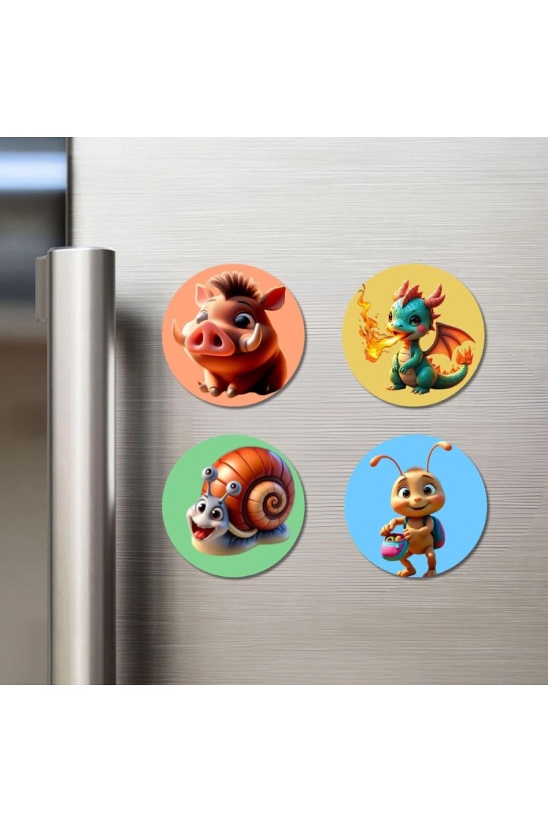 Wild Boar, Dragon, Snail, and Bee. Fridge Magnets 4 Piece Set | 3 Inch Round Wall Fridge Decor (F22958)