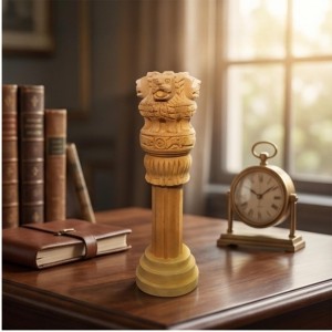 Handcrafted Ashoka Pillar Showpiece â€“ Wooden Finish Ashoka Stambh Statue for Home Decor, Office Desk, Tabletop & Gifting