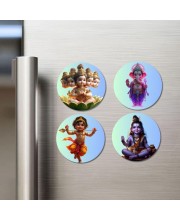 Brahma, Ganesha, Kartikeya, and Shiva. Fridge Magnets 4 Piece Set | 3 Inch Round Wall Fridge Decor (F22812)