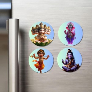 Brahma, Ganesha, Kartikeya, and Shiva. Fridge Magnets 4 Piece Set | 3 Inch Round Wall Fridge Decor (F22812)