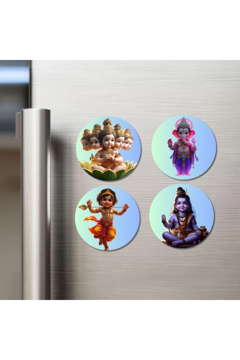Brahma, Ganesha, Kartikeya, and Shiva. Fridge Magnets 4 Piece Set | 3 Inch Round Wall Fridge Decor (F22812)