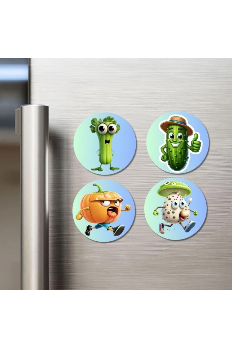 Celery, Cucumber, Pumpkin, Mushroom Fridge Magnets 4 Piece Set | 3 Inch Round Wall Fridge Decor (F23331)