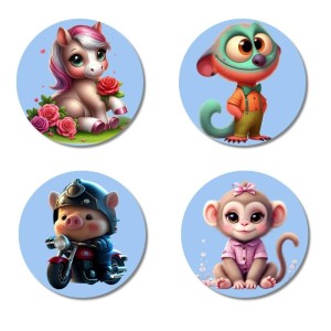 Unicorn, Monkey, Pig, and Monkey. Fridge Magnets 4 Piece Set | 3 Inch Round Wall Fridge Decor (F23136)