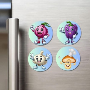 Fennel, Fig, Carrot, Durian Fridge Magnets 4 Piece Set | 3 Inch Round Wall Fridge Decor (F23296)