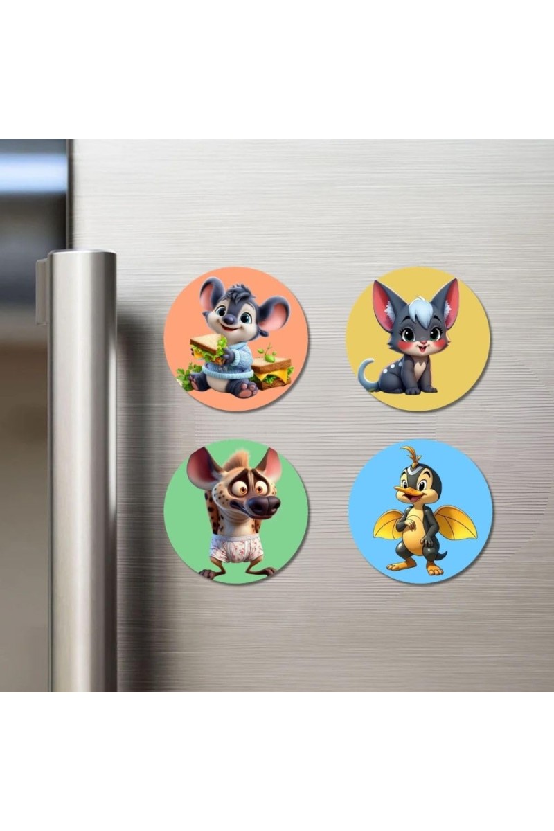 Koala, Chinchilla, Hyena, and Dragon. Fridge Magnets 4 Piece Set | 3 Inch Round Wall Fridge Decor (F23033)