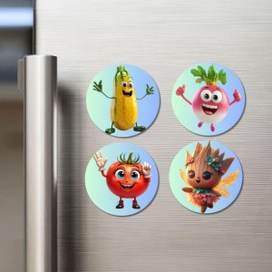 Bottle Gourd, Radish, Tomato, Pineapple Leaf Fairy Fridge Magnets 4 Piece Set | 3 Inch Round Wall Fridge Decor (F23317)