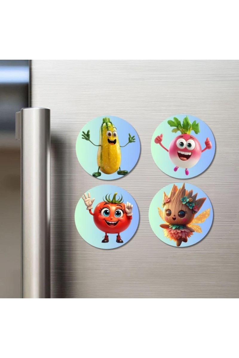 Bottle Gourd, Radish, Tomato, Pineapple Leaf Fairy Fridge Magnets 4 Piece Set | 3 Inch Round Wall Fridge Decor (F23317)
