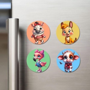Wombat, Kangaroo, Flamingo, and Cow. Fridge Magnets 4 Piece Set | 3 Inch Round Wall Fridge Decor (F23035)