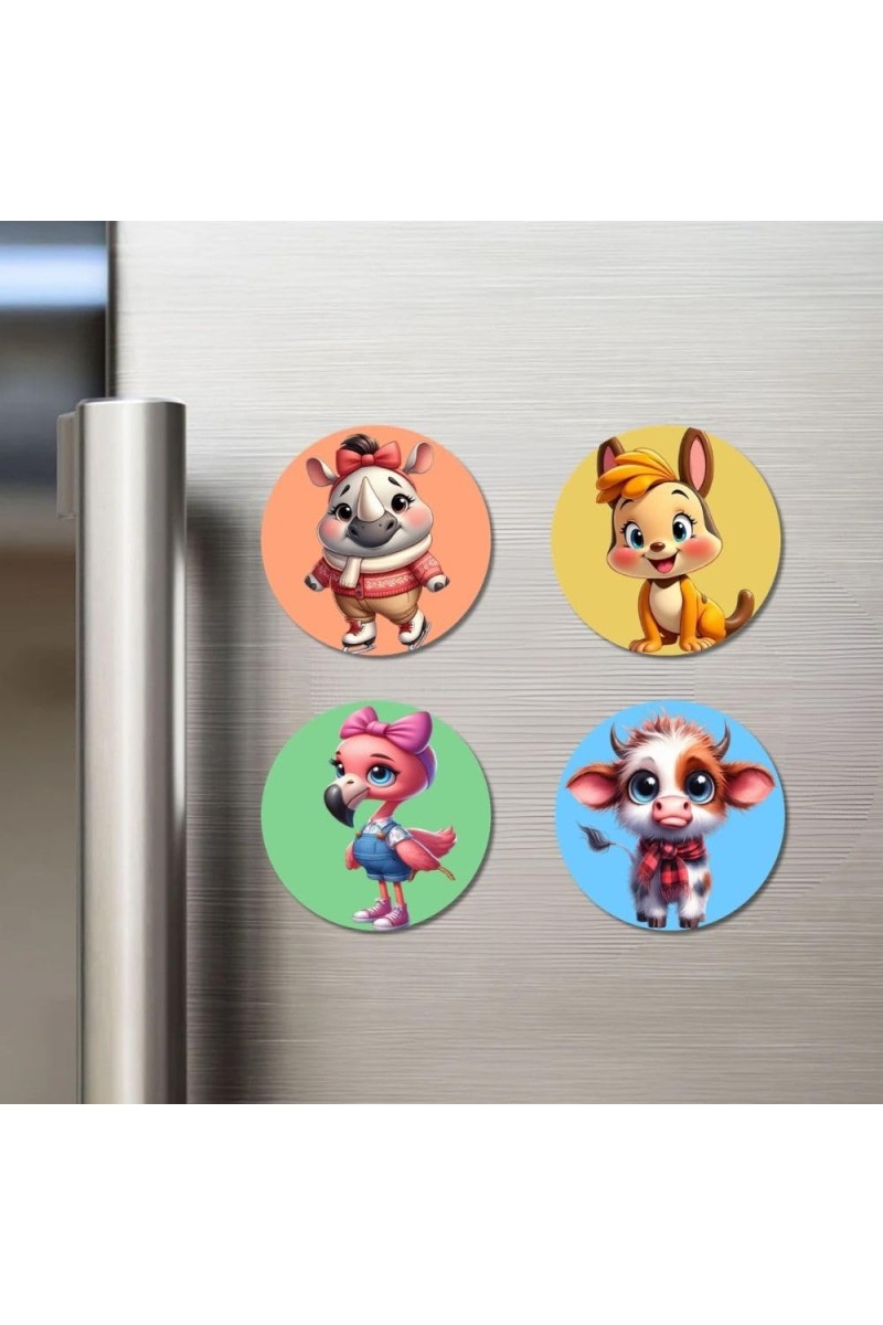Wombat, Kangaroo, Flamingo, and Cow. Fridge Magnets 4 Piece Set | 3 Inch Round Wall Fridge Decor (F23035)