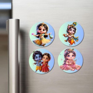 Radha & Krishna Fridge Magnets 4 Piece Set | 3 Inch Round Wall Fridge Decor (F23215)