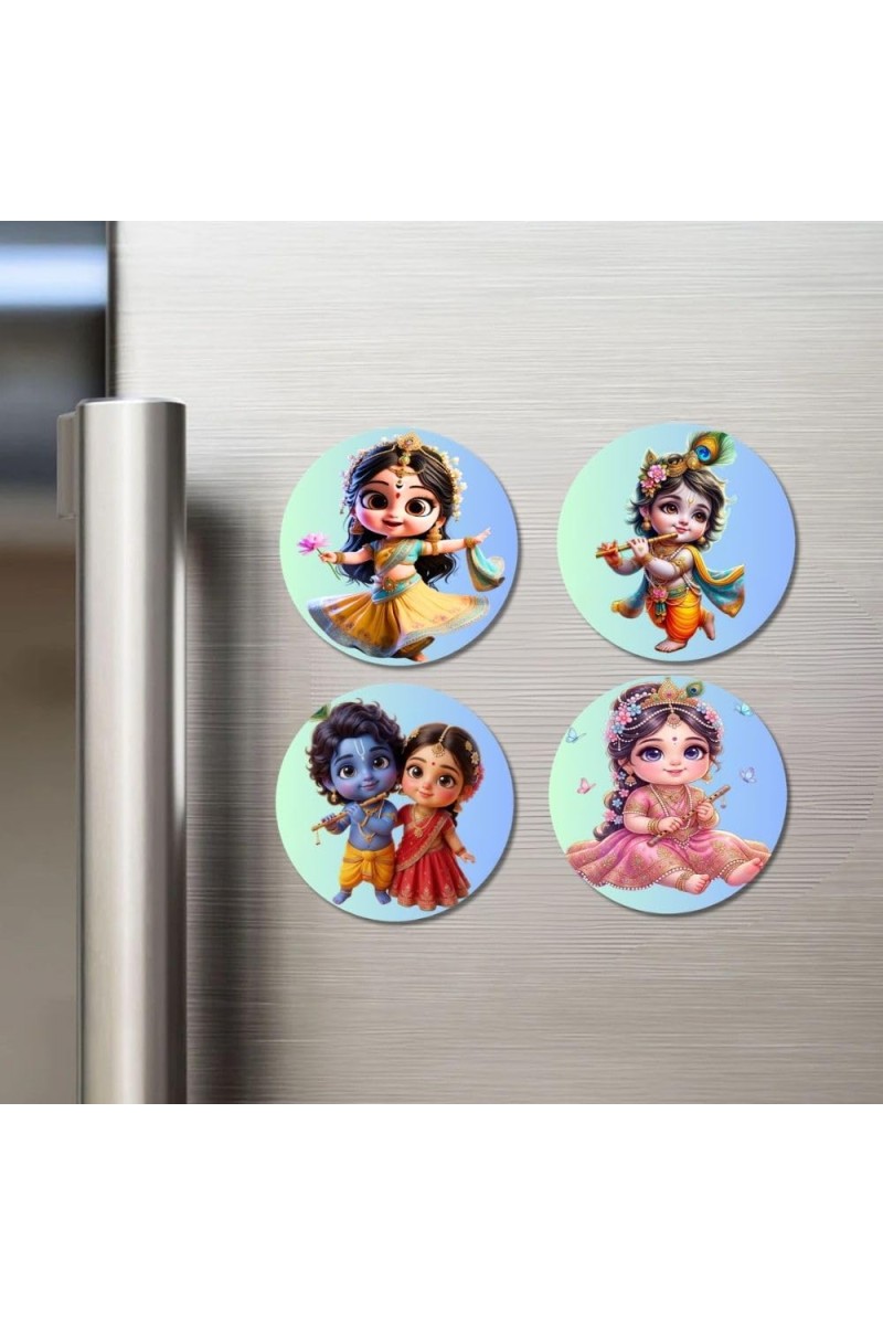 Radha & Krishna Fridge Magnets 4 Piece Set | 3 Inch Round Wall Fridge Decor (F23215)