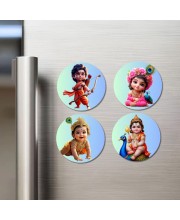 Rama, Radha, Krishna, and Kartikeya. Fridge Magnets 4 Piece Set | 3 Inch Round Wall Fridge Decor (F22768)