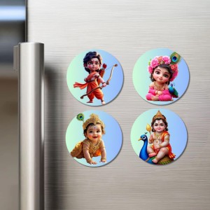 Rama, Radha, Krishna, and Kartikeya. Fridge Magnets 4 Piece Set | 3 Inch Round Wall Fridge Decor (F22768)