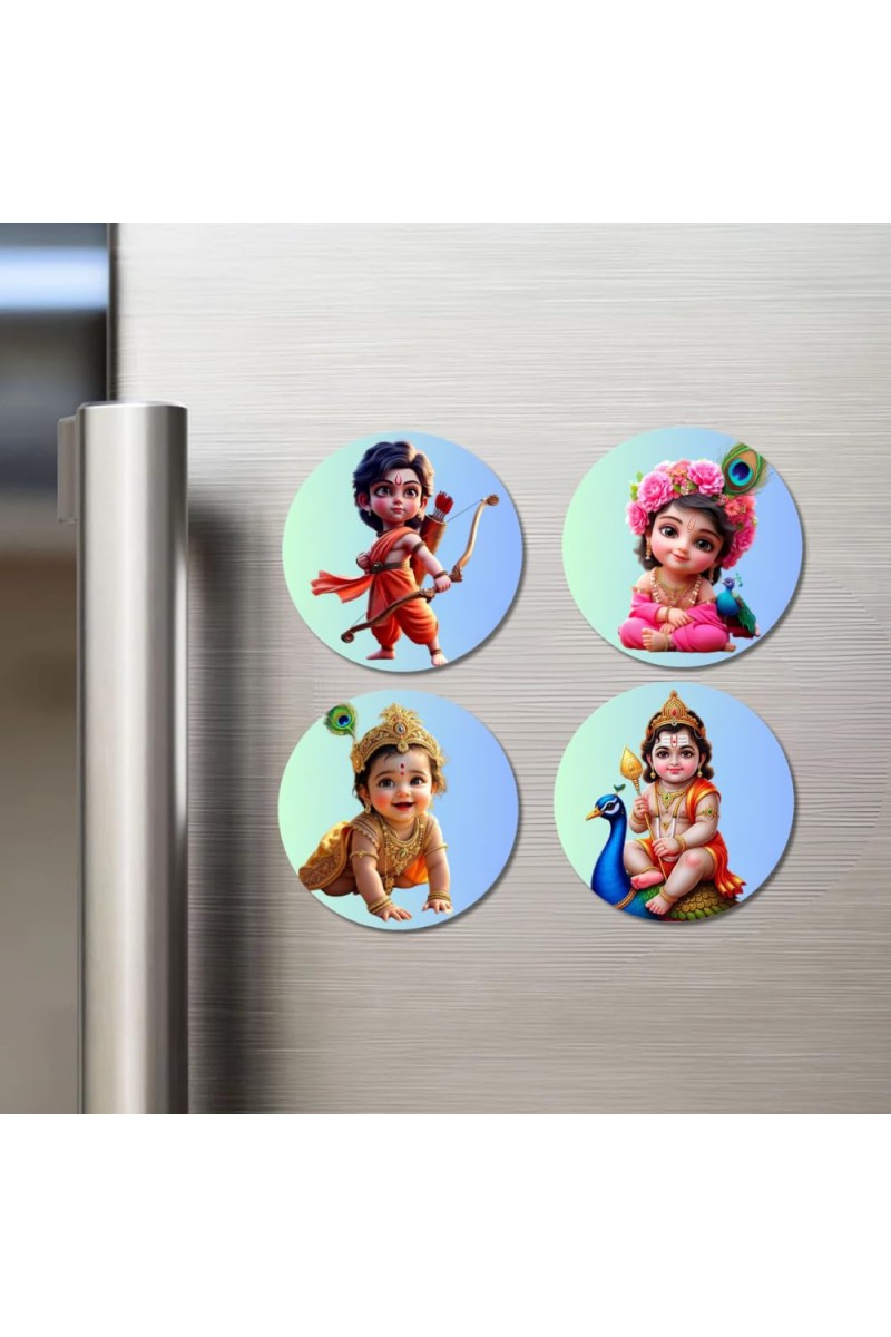 Rama, Radha, Krishna, and Kartikeya. Fridge Magnets 4 Piece Set | 3 Inch Round Wall Fridge Decor (F22768)