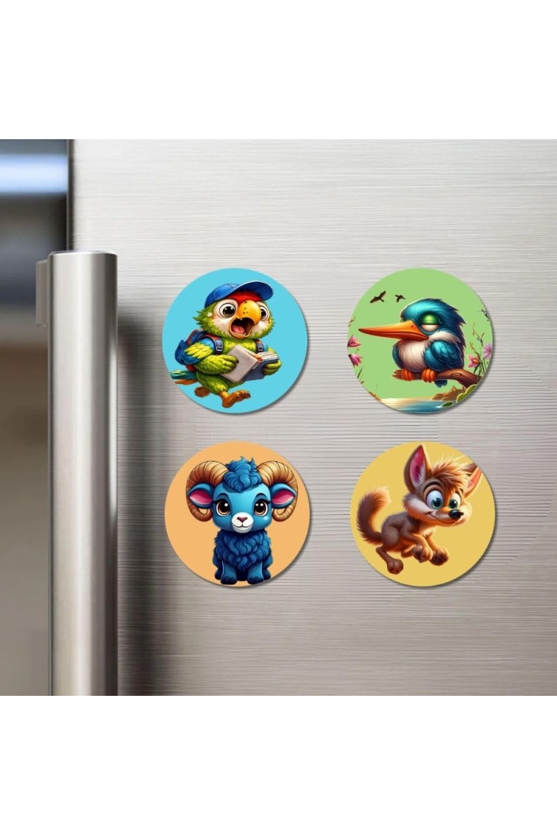 Mouse, Cow, Chimpanzee, and Spider. Fridge Magnets 4 Piece Set | 3 Inch Round Wall Fridge Decor (F22936)