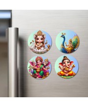 Saraswati, Kartikeya, Lakshmi, and Ganesha. Fridge Magnets 4 Piece Set | 3 Inch Round Wall Fridge Decor (F22780)