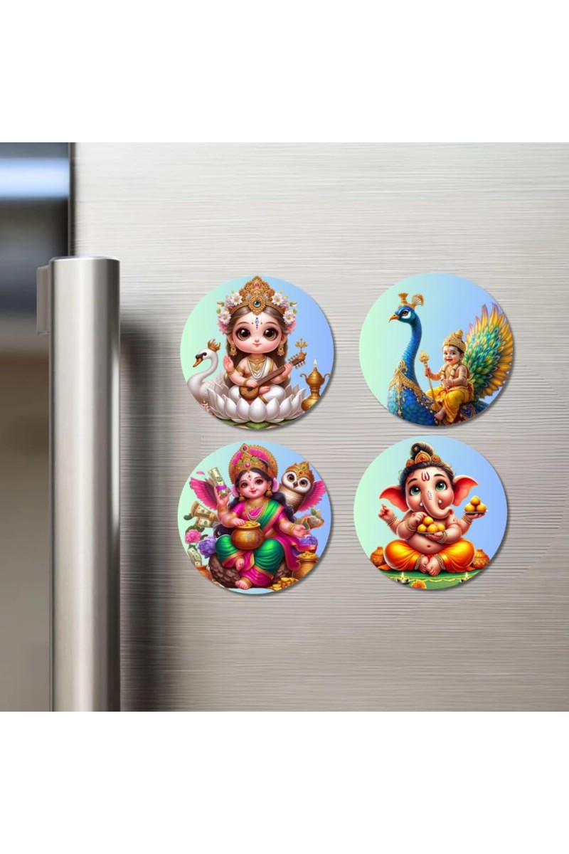 Saraswati, Kartikeya, Lakshmi, and Ganesha. Fridge Magnets 4 Piece Set | 3 Inch Round Wall Fridge Decor (F22780)