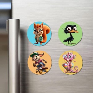 Squirrel, Ostrich, Rabbit, and Seahorse. Fridge Magnets 4 Piece Set | 3 Inch Round Wall Fridge Decor (F22932)