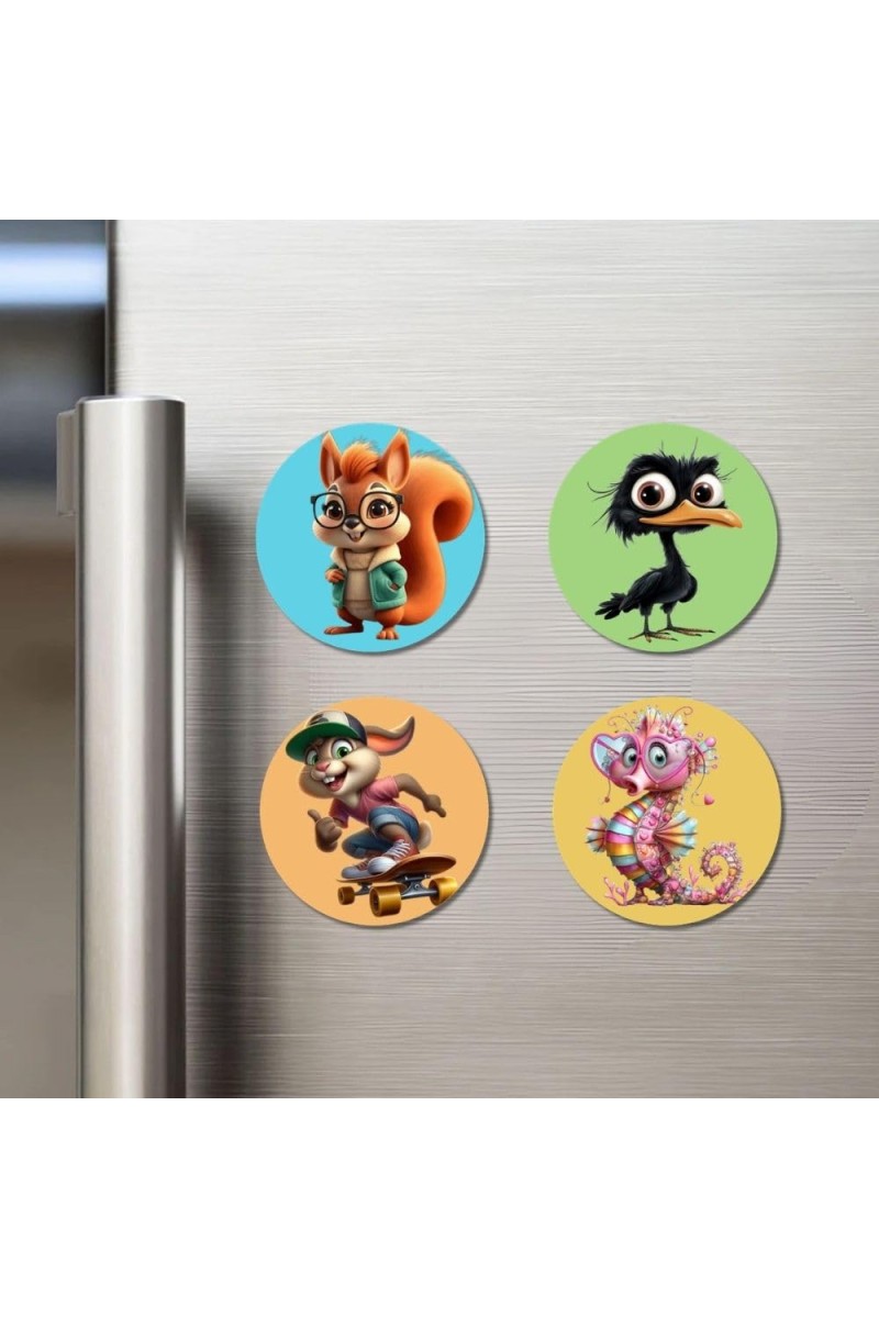 Squirrel, Ostrich, Rabbit, and Seahorse. Fridge Magnets 4 Piece Set | 3 Inch Round Wall Fridge Decor (F22932)