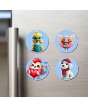 Chick, Butterfly Fairy, Rooster, Puppy Fridge Magnets 4 Piece Set | 3 Inch Round Wall Fridge Decor (F23160)
