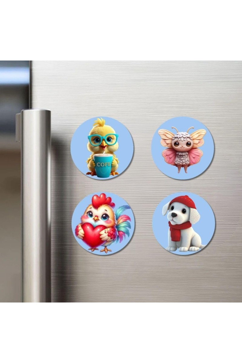Chick, Butterfly Fairy, Rooster, Puppy Fridge Magnets 4 Piece Set | 3 Inch Round Wall Fridge Decor (F23160)