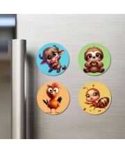 Buffalo, Sloth, Bird, and Ant. Fridge Magnets 4 Piece Set | 3 Inch Round Wall Fridge Decor (F22947)