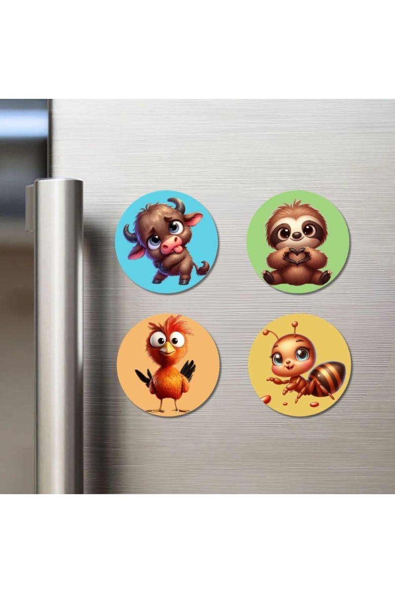 Buffalo, Sloth, Bird, and Ant. Fridge Magnets 4 Piece Set | 3 Inch Round Wall Fridge Decor (F22947)
