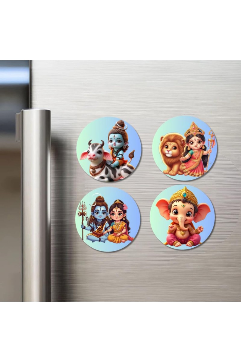 Krishna, Rama, and Ganesha. Fridge Magnets 4 Piece Set | 3 Inch Round Wall Fridge Decor (F22798)