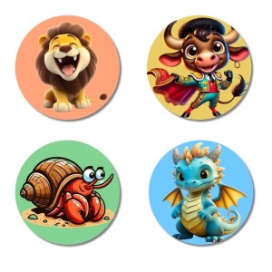 Lion, Bull, Crab, and Dragon. Fridge Magnets 4 Piece Set | 3 Inch Round Wall Fridge Decor (F23017)