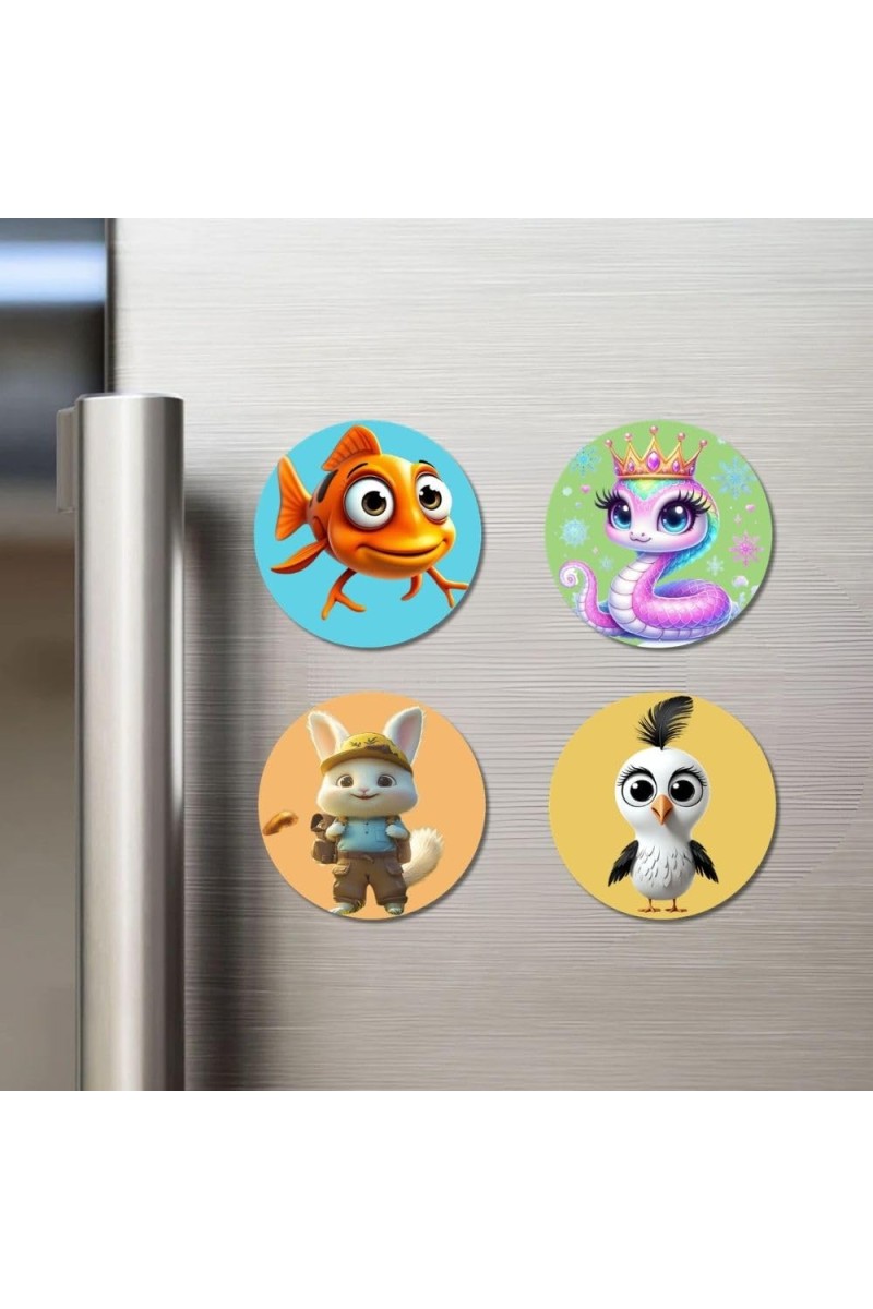 Fish, Snake, Rabbit, and Sparrow. Fridge Magnets 4 Piece Set | 3 Inch Round Wall Fridge Decor (F22911)