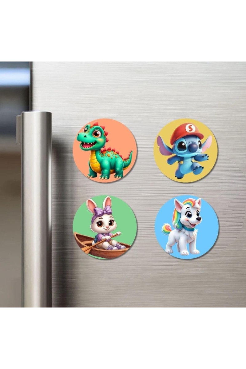 Dragon, Alien, Rabbit, and Dog. Fridge Magnets 4 Piece Set | 3 Inch Round Wall Fridge Decor (F22967)