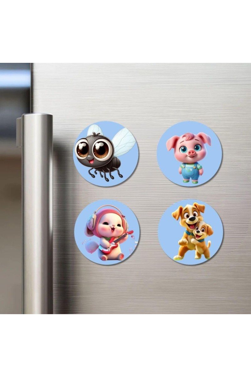 Fly, Pig, Mouse, and Dog. Fridge Magnets 4 Piece Set | 3 Inch Round Wall Fridge Decor (F23066)